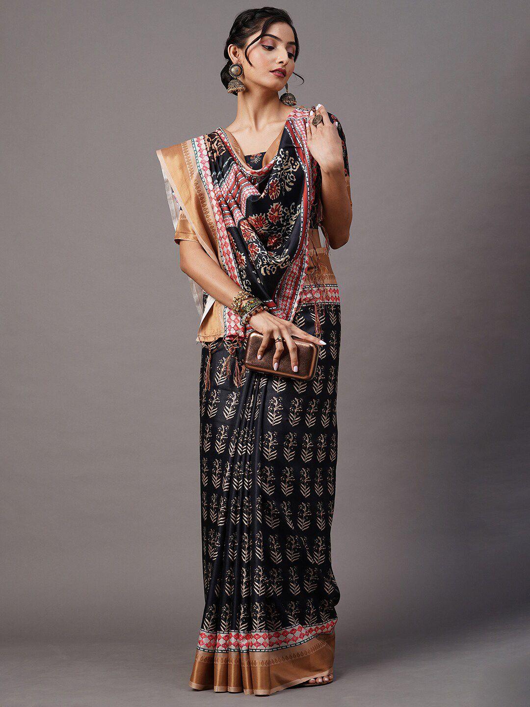mitera black & red ethnic motifs silk blend saree