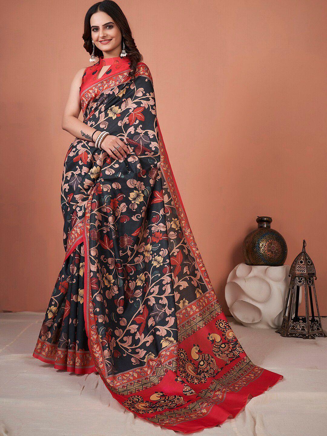 mitera black & red kalamkari printed pochampally saree