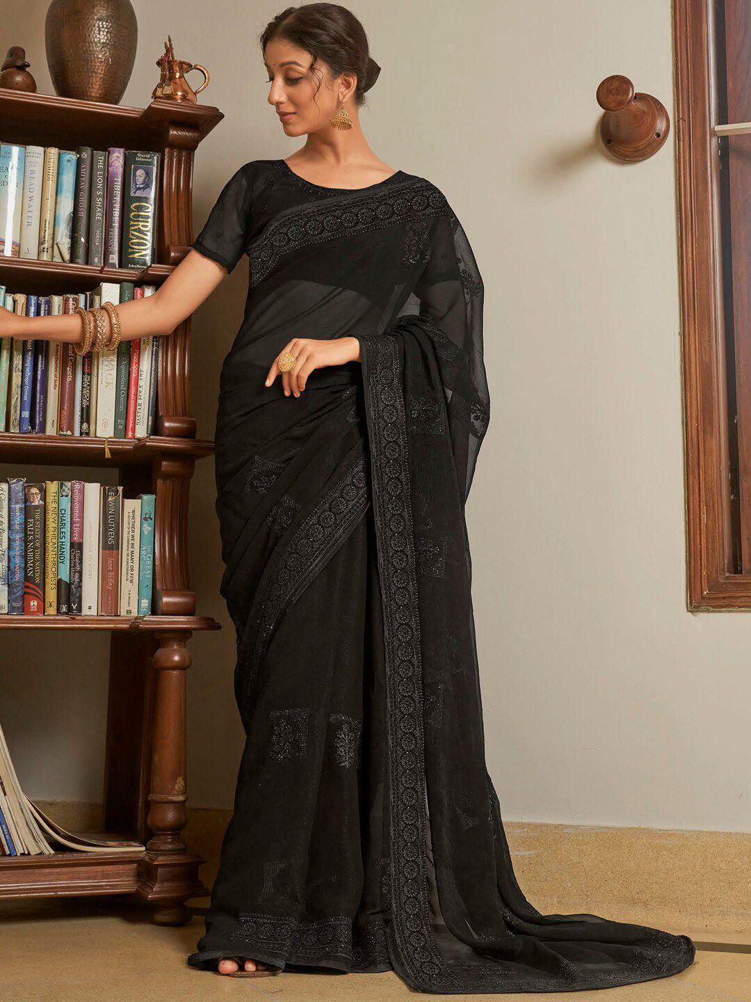 mitera black embellished embroidered pure chiffon designer saree