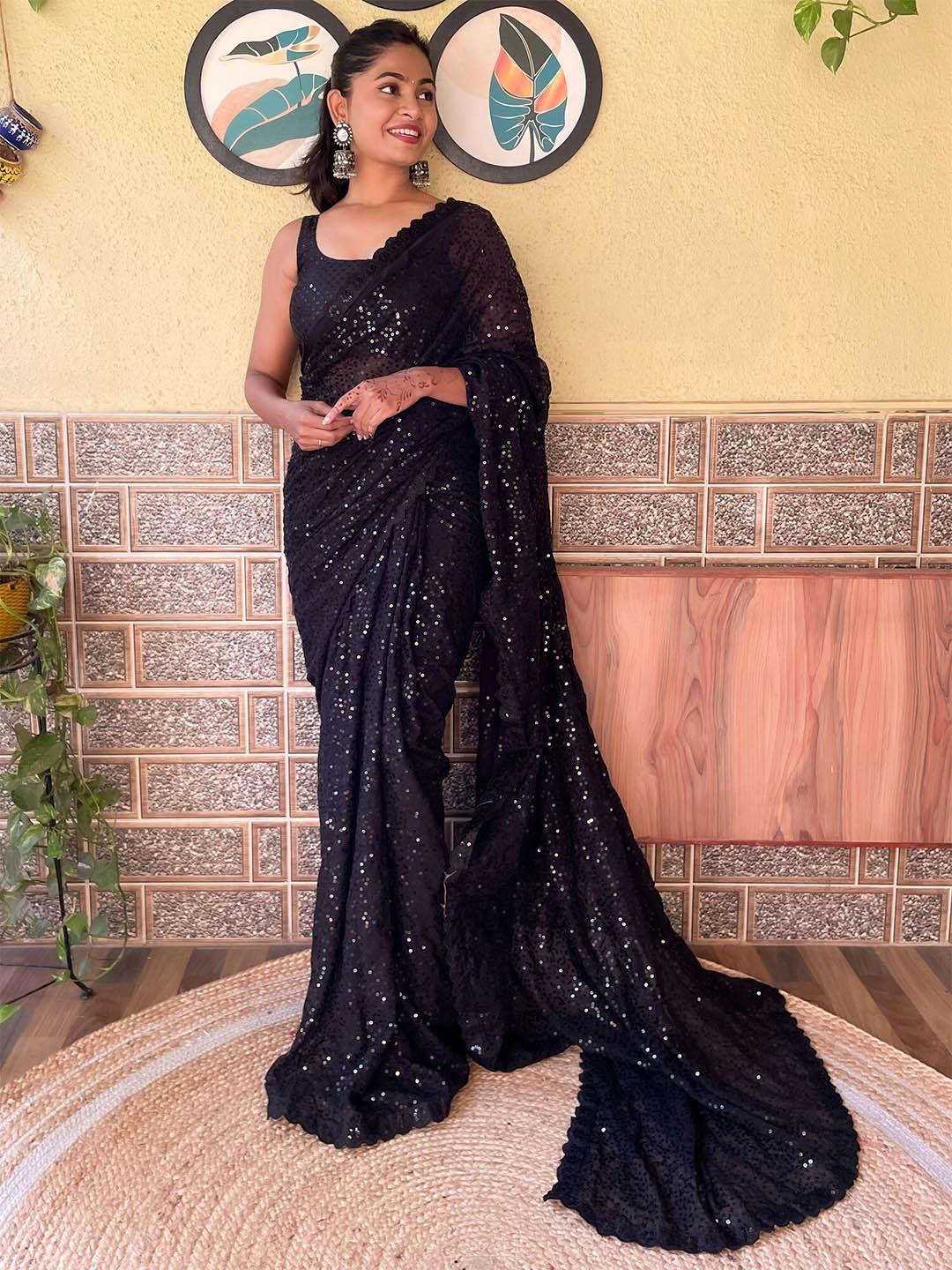 mitera black embellished sequinned saree