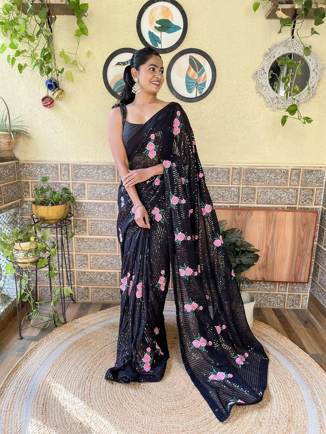mitera black floral embroidered sequinned saree
