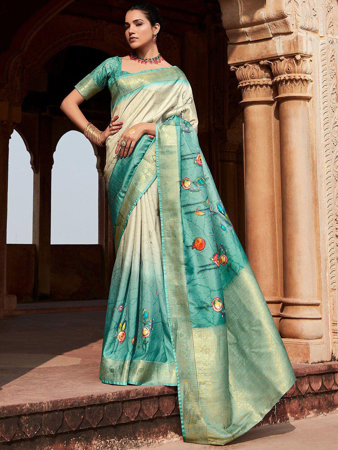 mitera blue & beige zari silk blend designer banarasi saree