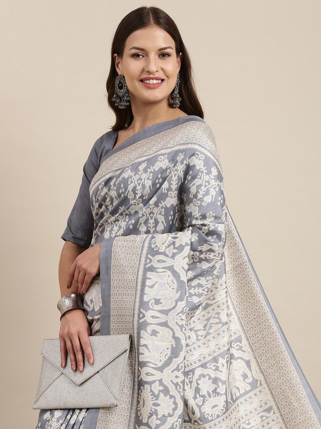 mitera blue & off white abstract bhagalpuri art silk ikat saree
