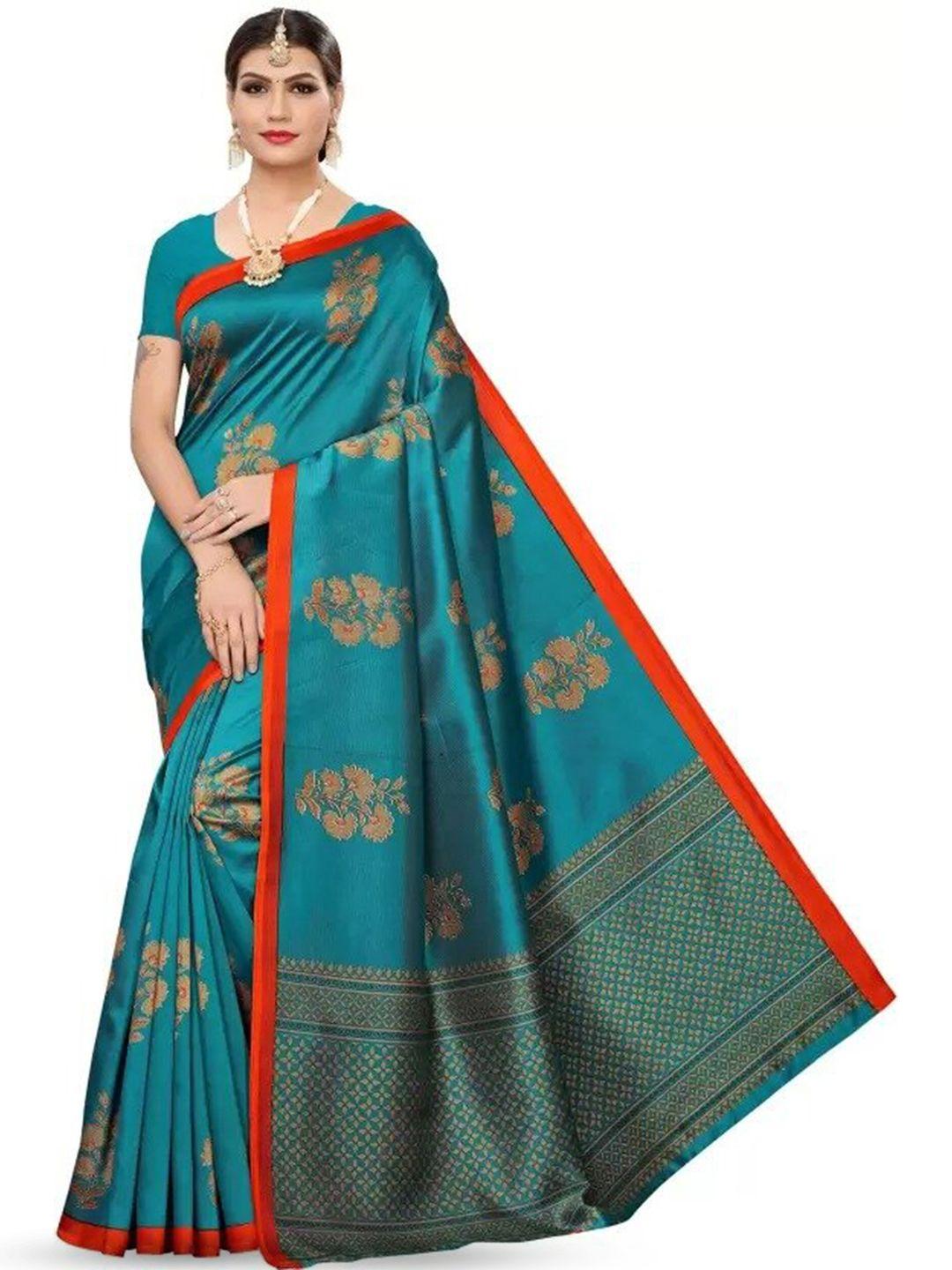 mitera blue & red ethnic motifs printed saree