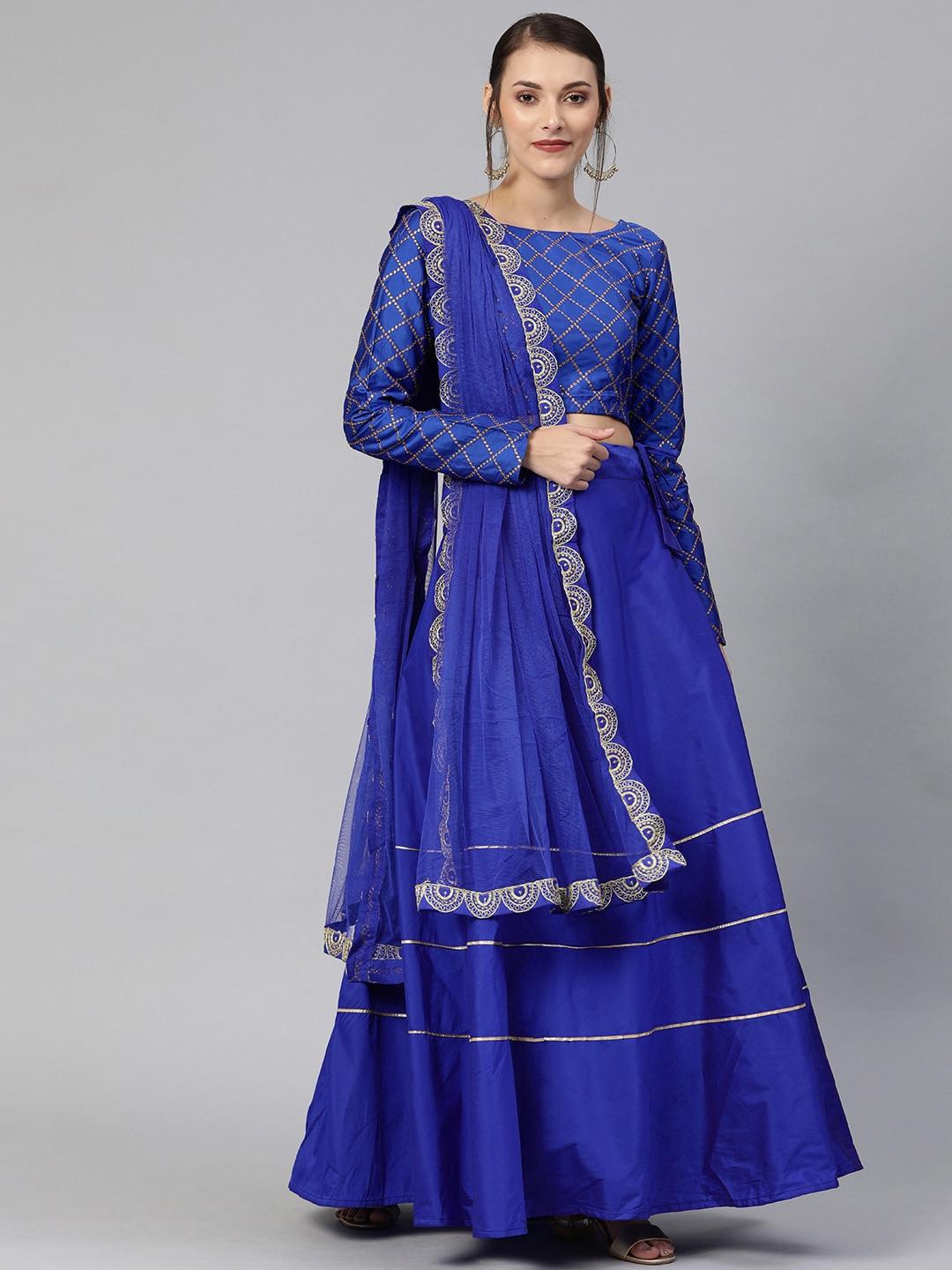 mitera blue embroidered semi-stitched lehenga & unstitched blouse with dupatta