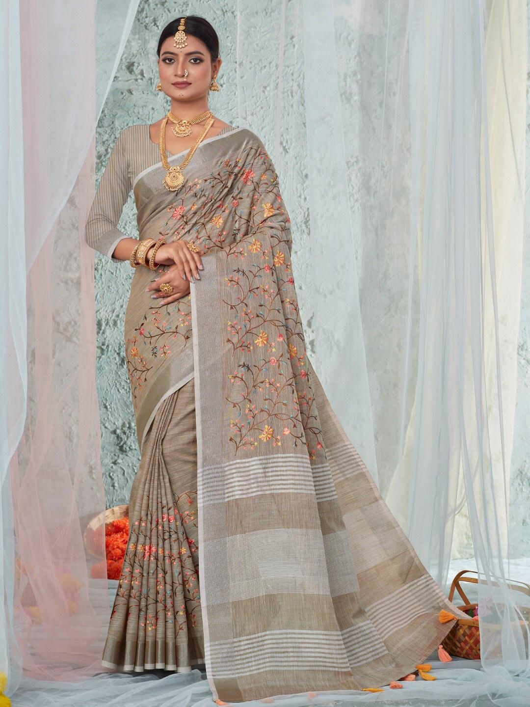 mitera brown & blue floral embroidered linen blend saree