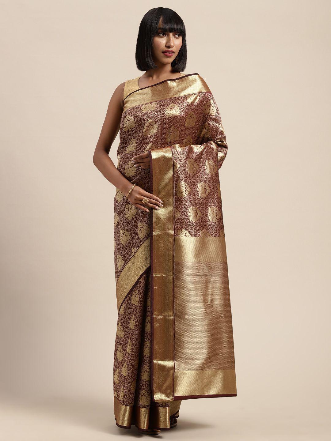 mitera brown & gold-toned art silk woven design kanjeevaram saree