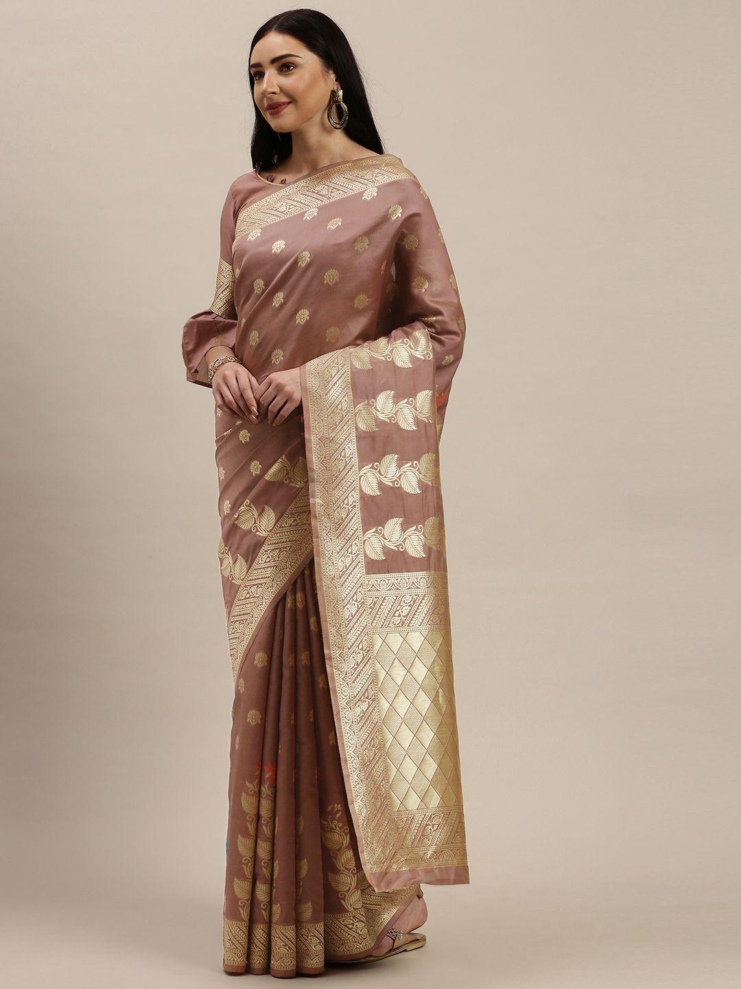 mitera brown & gold-toned art silk woven design kasavu saree