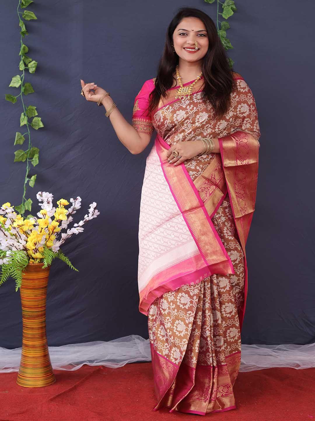 mitera brown & pink woven design zari art silk saree