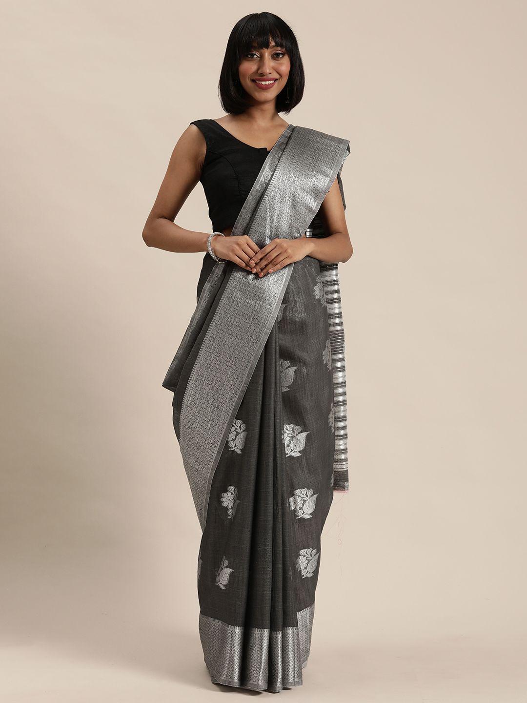 mitera charcoal grey & silver ethnic woven design saree