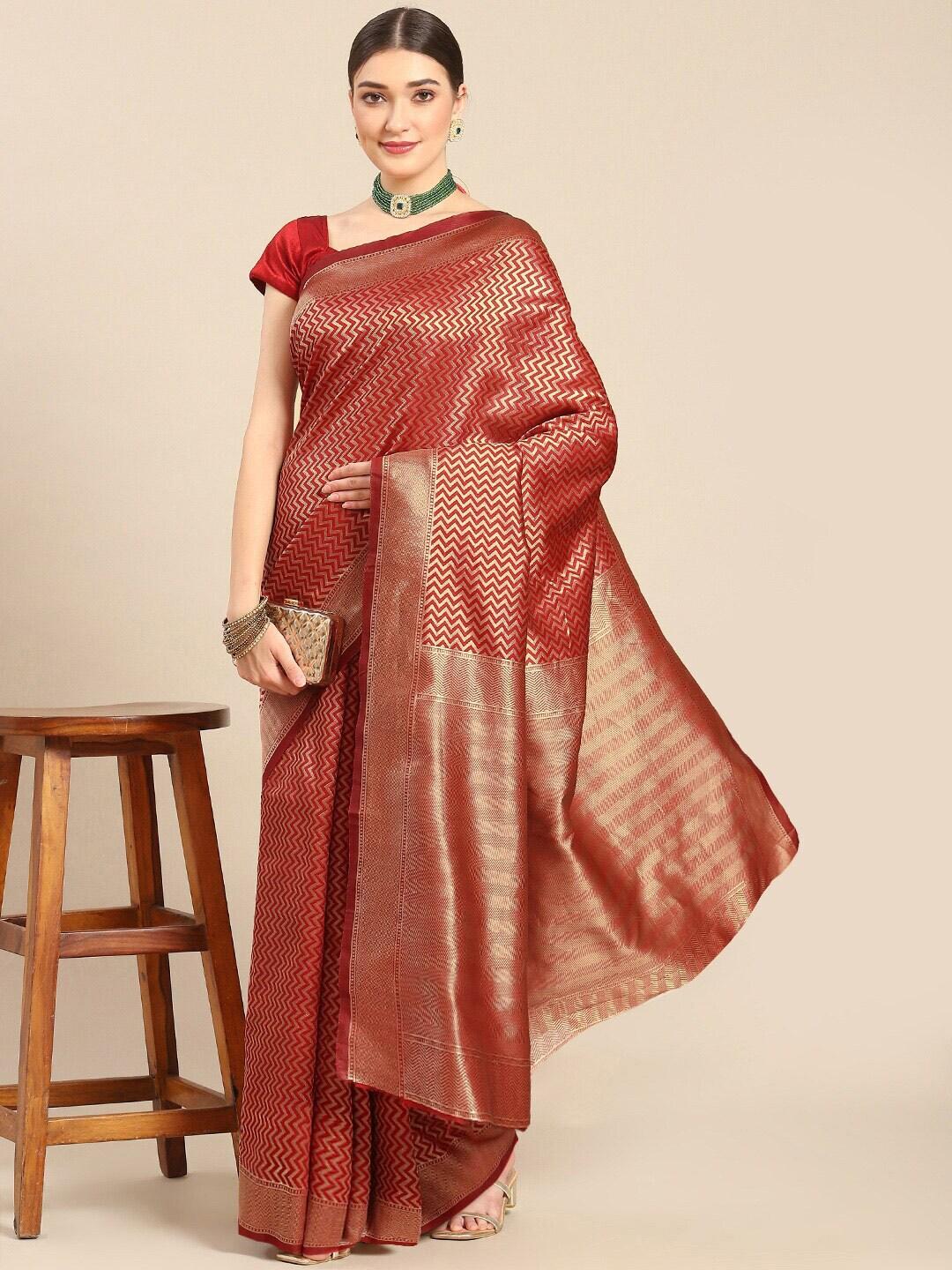 mitera chevron woven design zari silk blend kanjeevaram saree