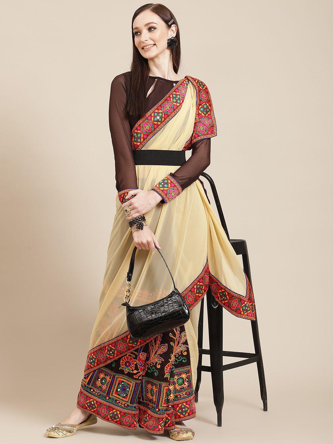 mitera cream-coloured & brown ethnic motifs embroidered pure georgette saree