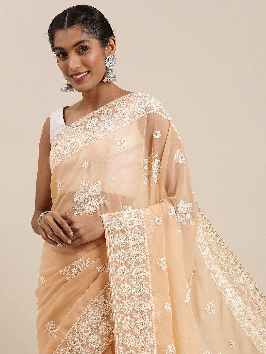 mitera cream-coloured & white ethnic motifs embroidered pure georgette saree