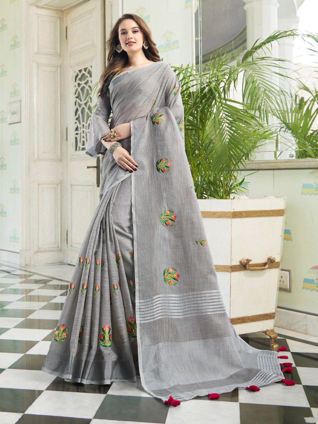 mitera embellished linen blend embroidered designer saree