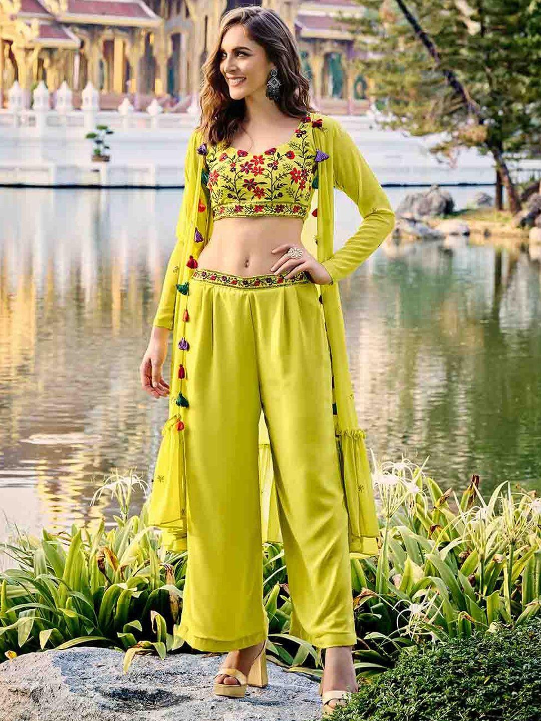 mitera embroidered ethnic crop top with palazzo & shrug
