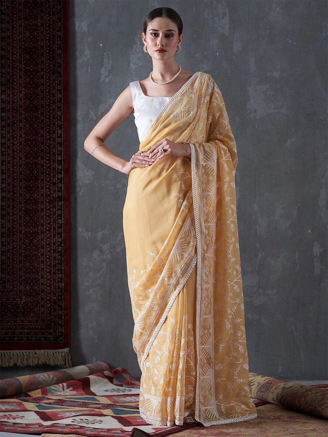 mitera floral embroidered organza saree with blouse piece