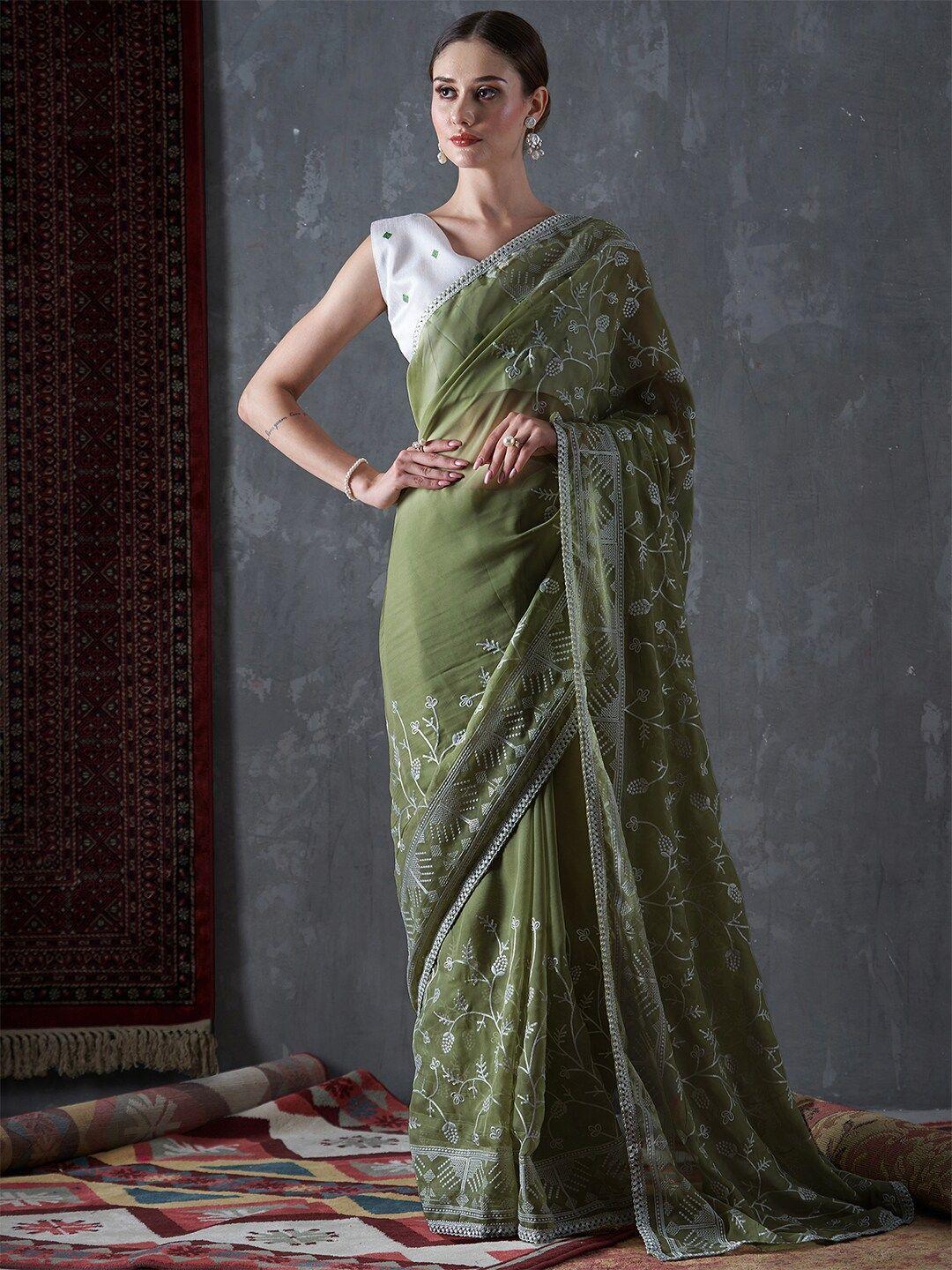 mitera floral embroidered organza saree with blouse piece