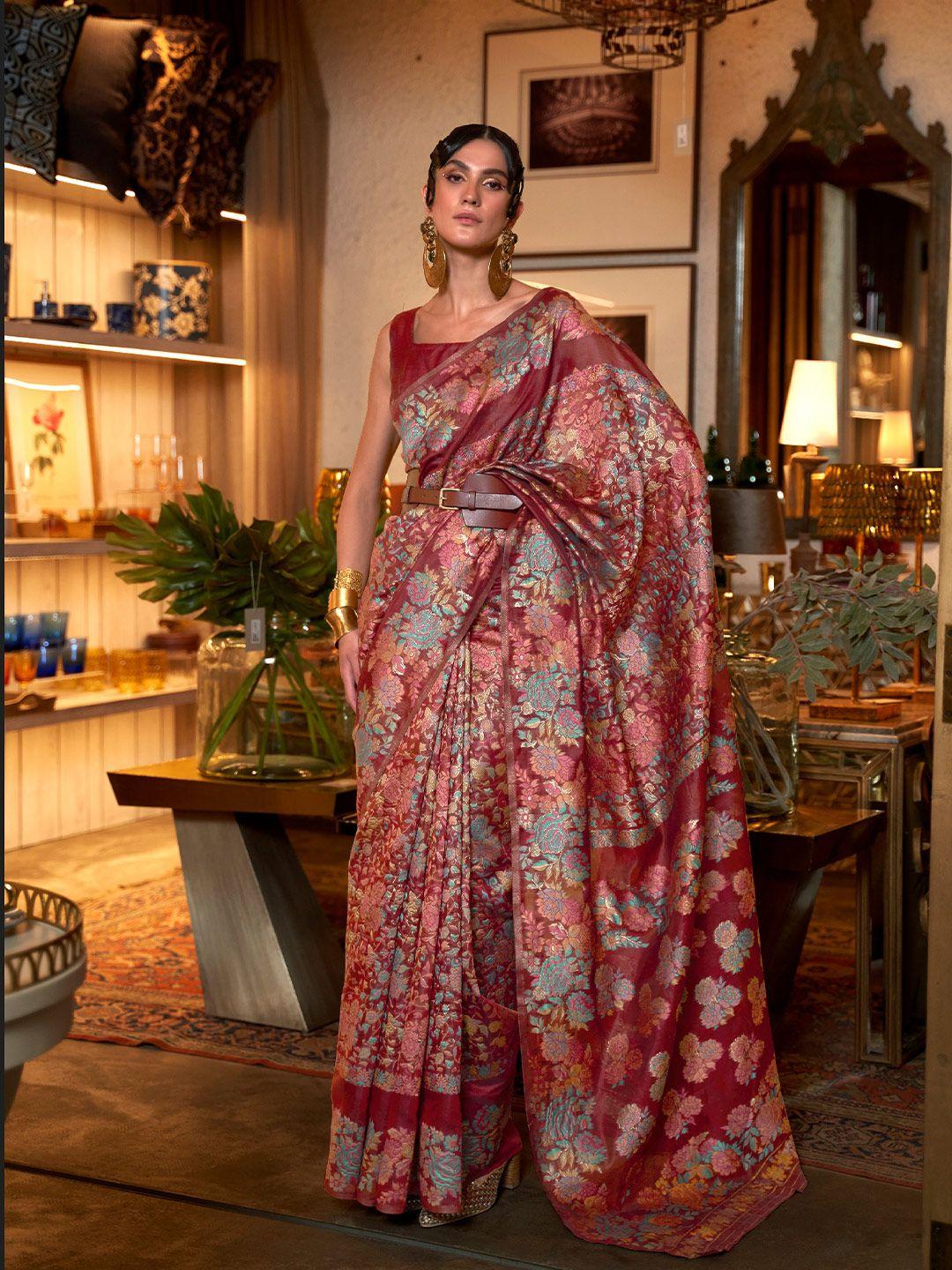 mitera floral motif woven design zari pure silk saree