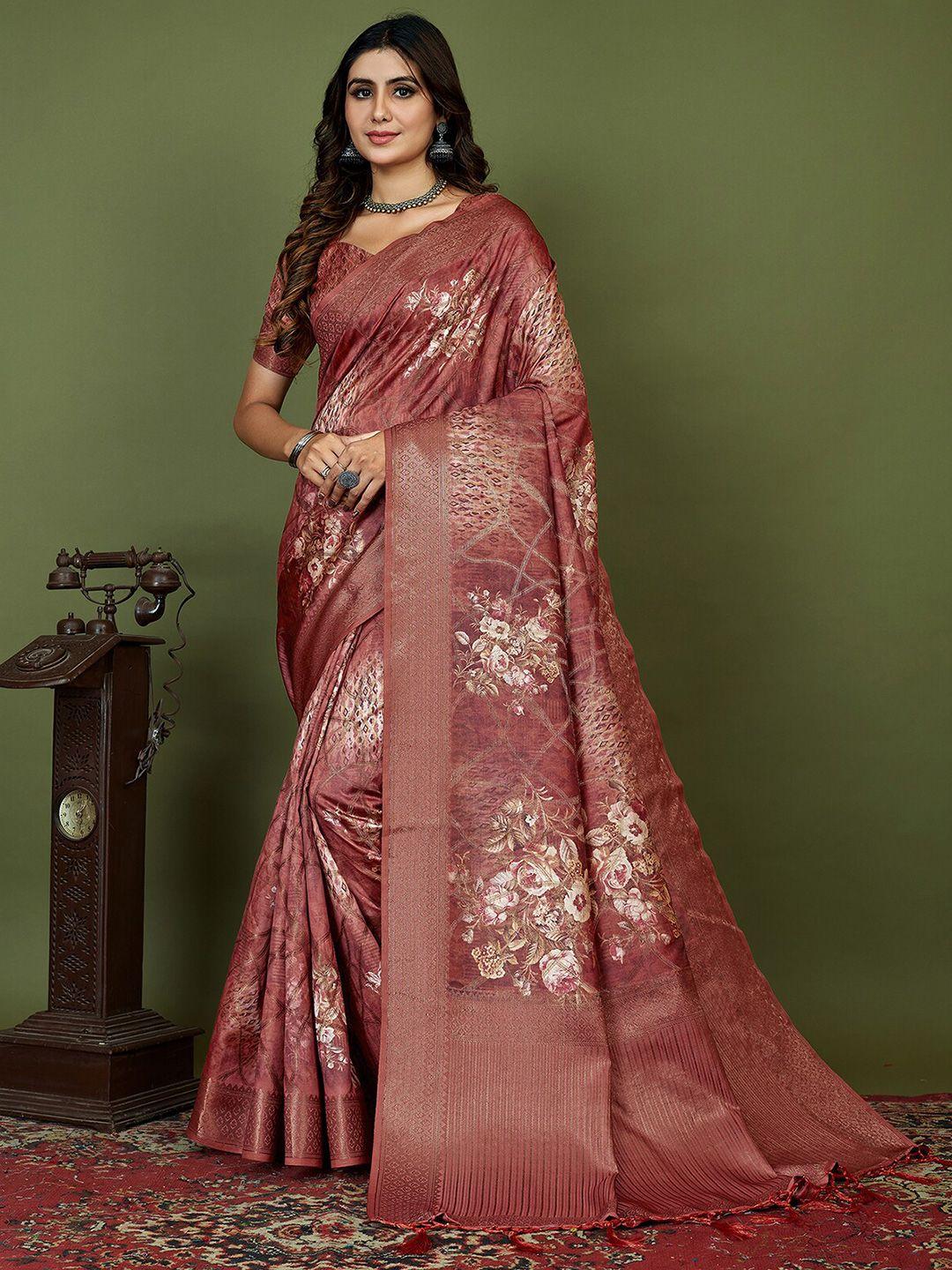 mitera floral printed silk cotton zari saree