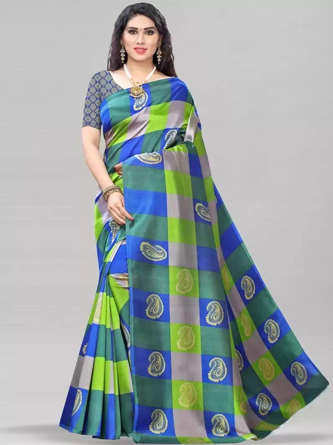 mitera green & blue paisley printed art silk banarasi saree