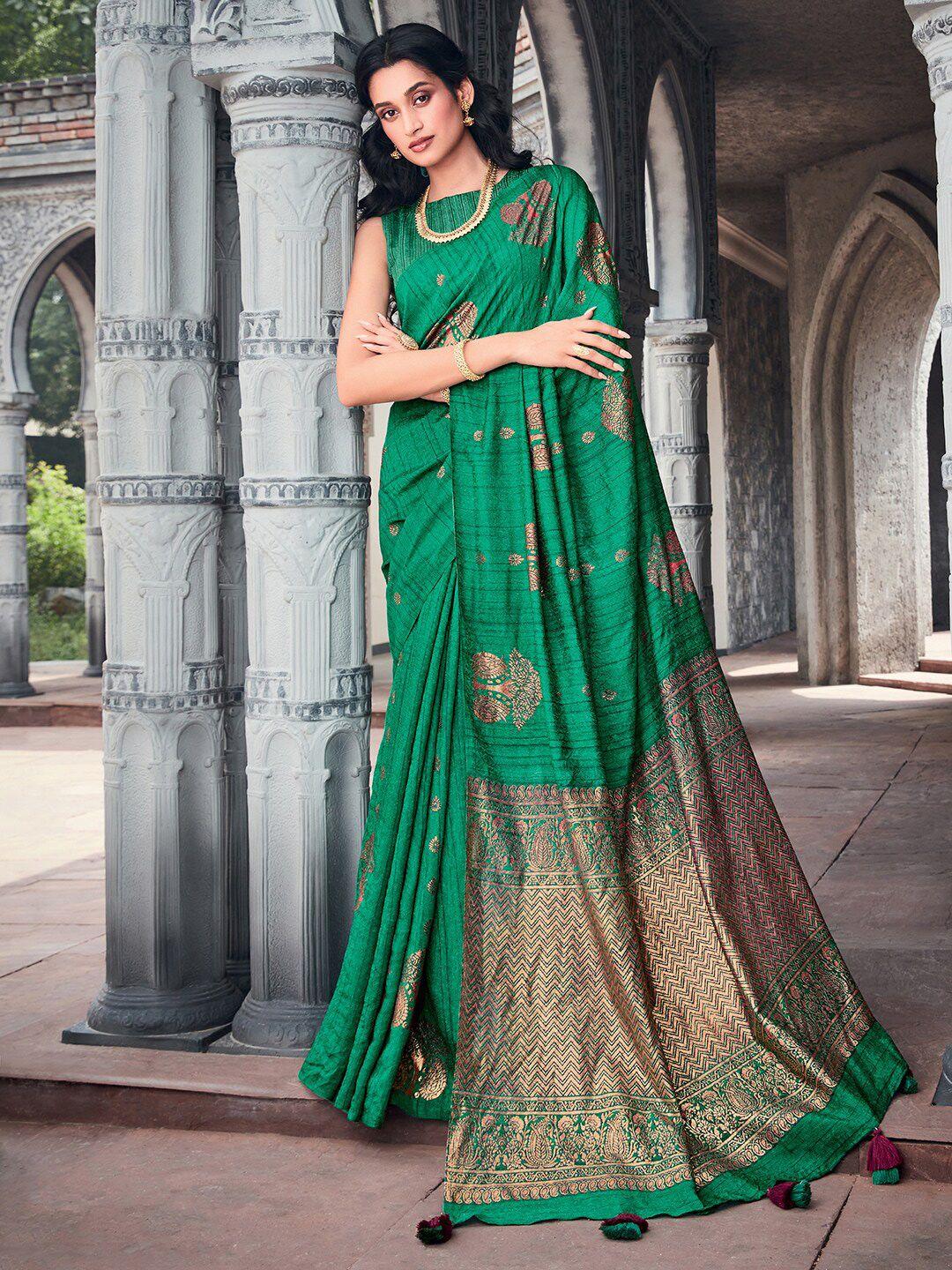 mitera green & copper-toned silk blend bagh saree