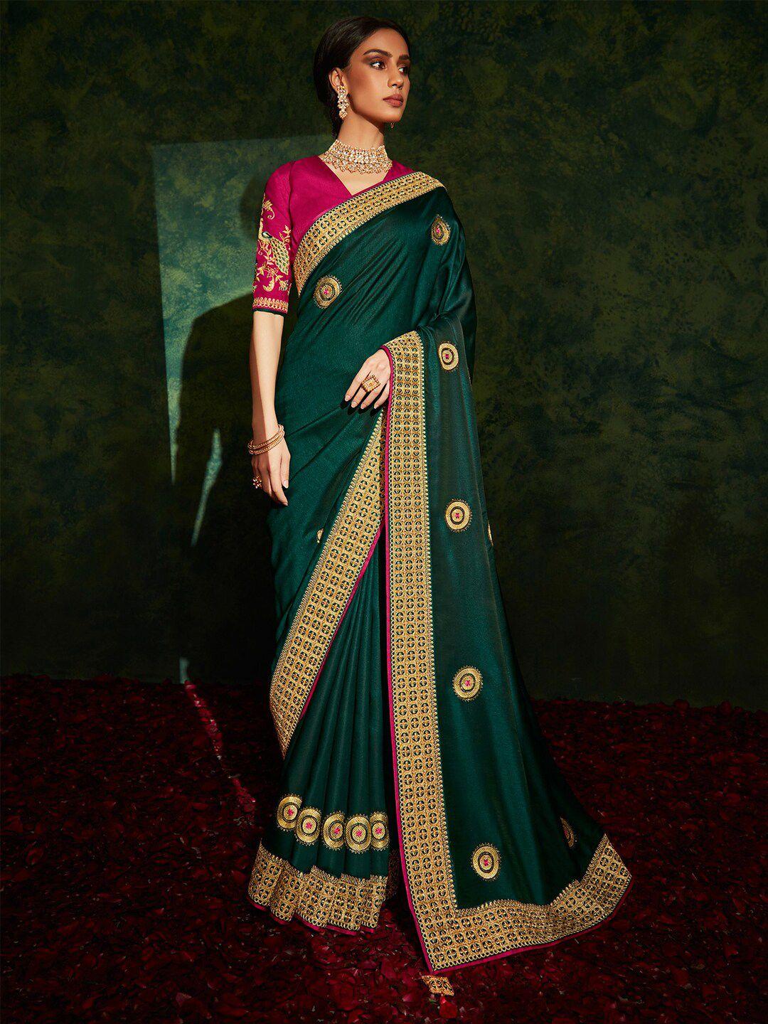 mitera green & gold-toned ethnic motifs embroidered saree
