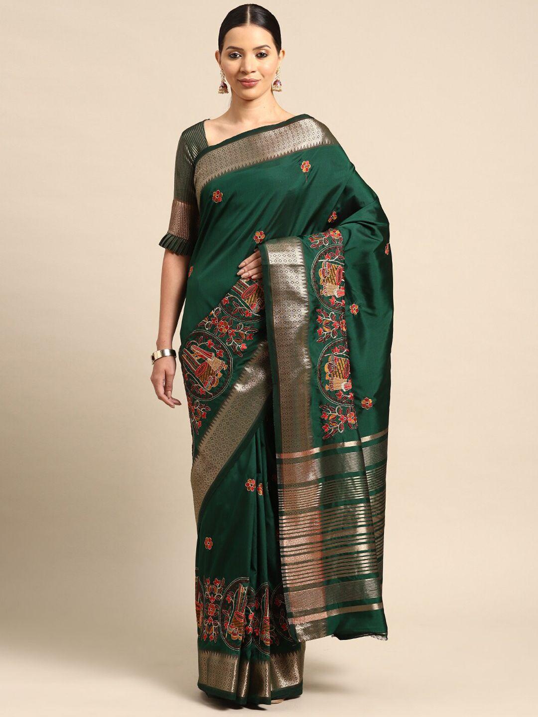 mitera green & gold-toned floral zari silk cotton banarasi saree