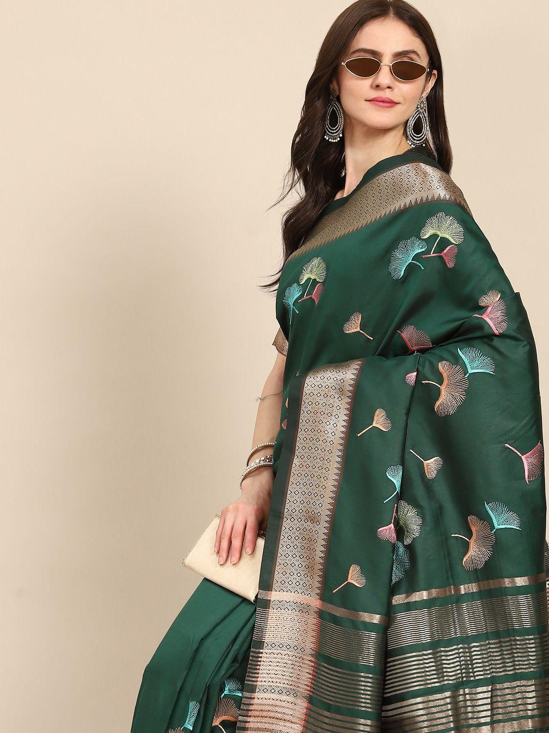 mitera green & gunmetal-toned floral baluchari saree