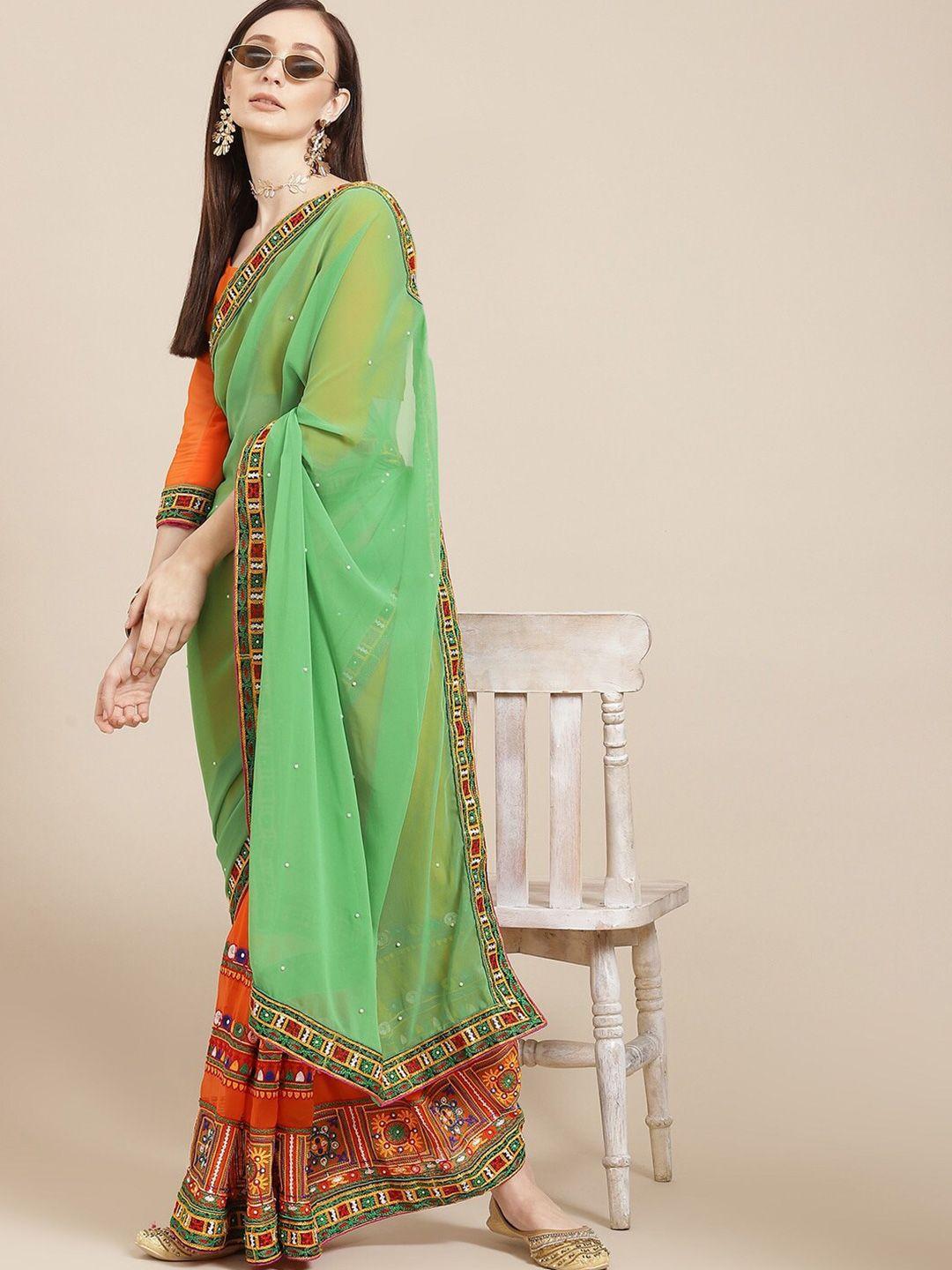 mitera green & orange embellished embroidered pure georgette half and half saree