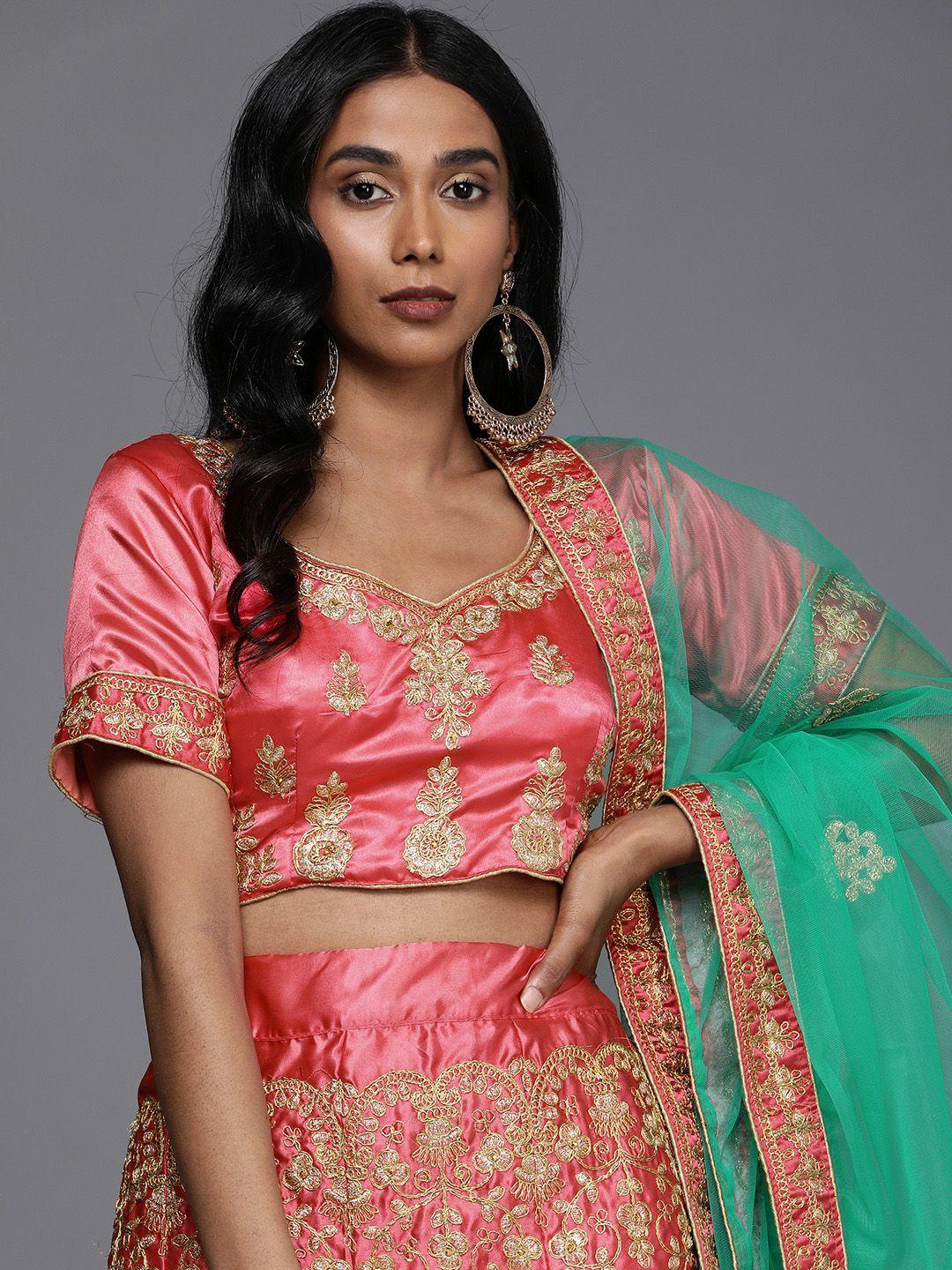 mitera green & pink semi-stitched lehenga & unstitched blouse with dupatta