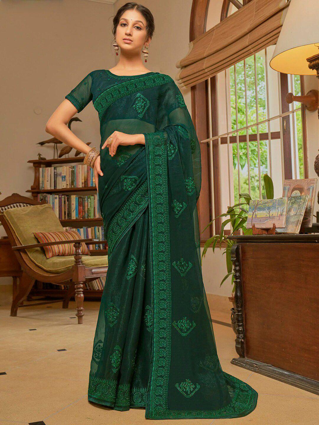mitera green embellished embroidered pure chiffon designer saree