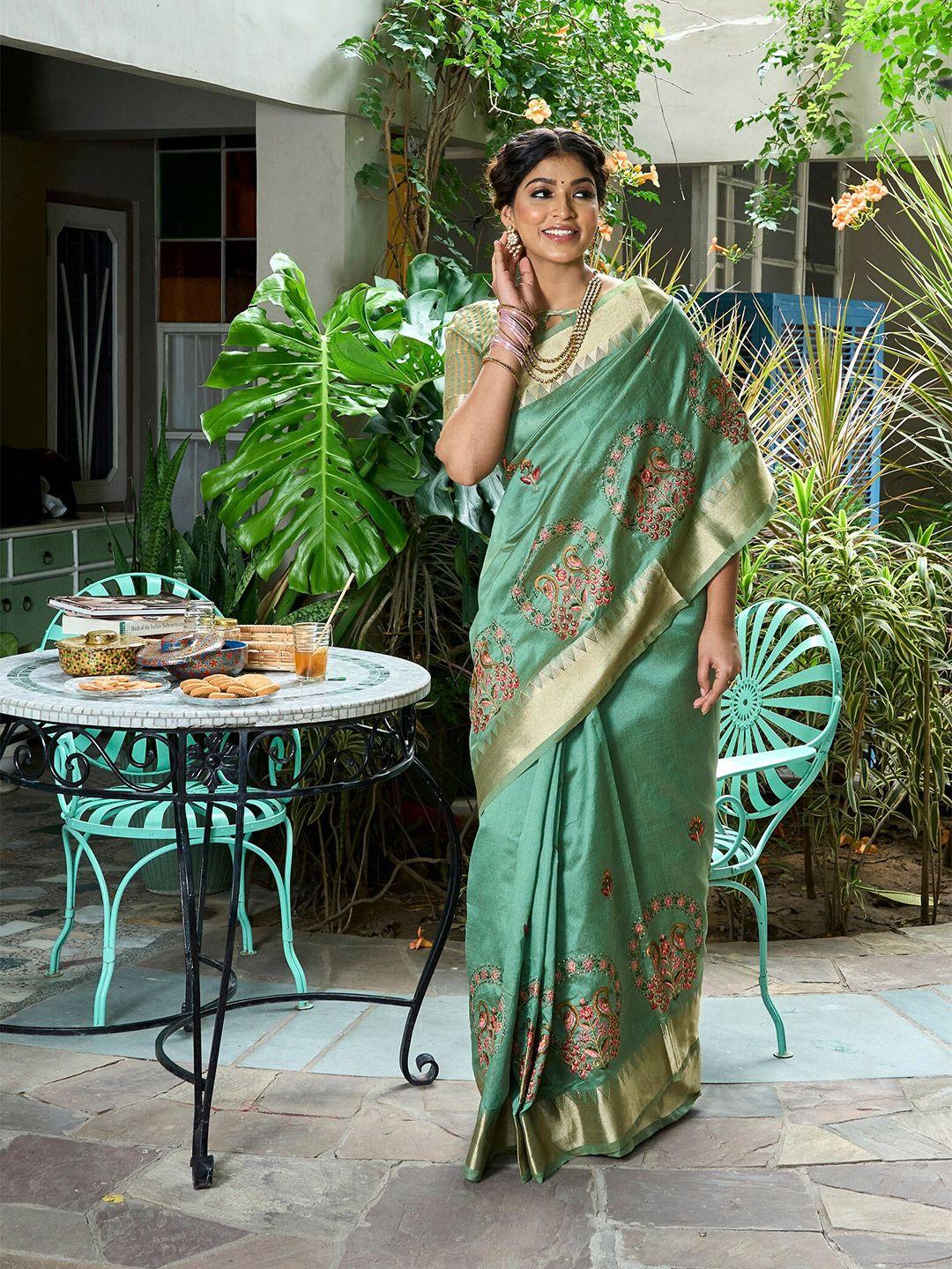 mitera green floral embroidered silk cotton designer banarasi saree