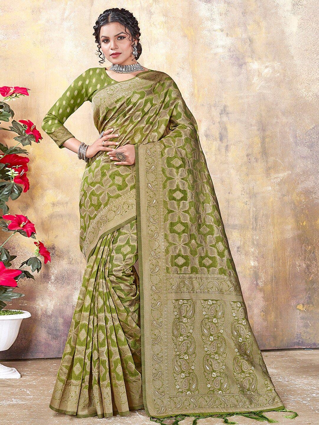 mitera green floral woven design zari organza saree