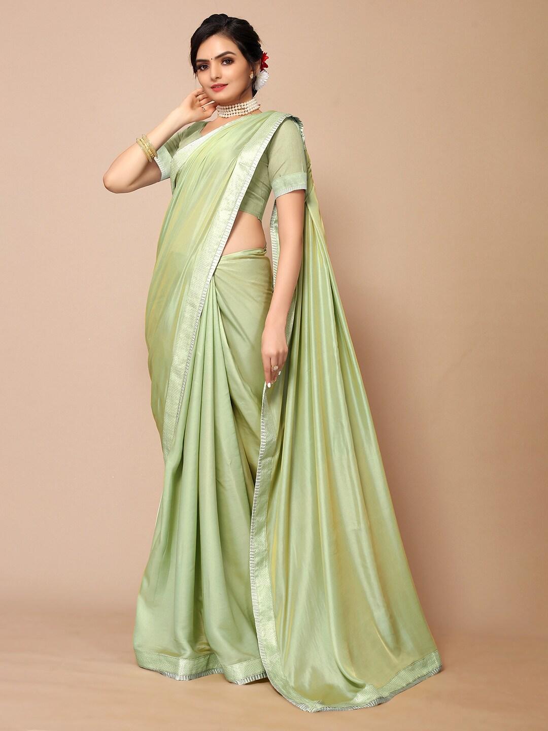 mitera green satin silk embellished border saree