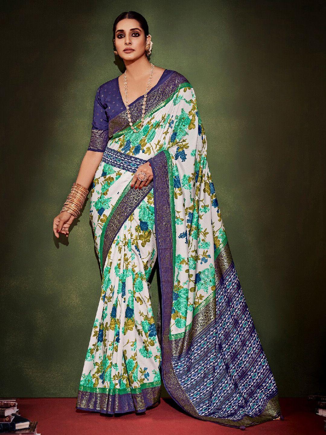 mitera grey & blue floral printed zari silk cotton ikat saree