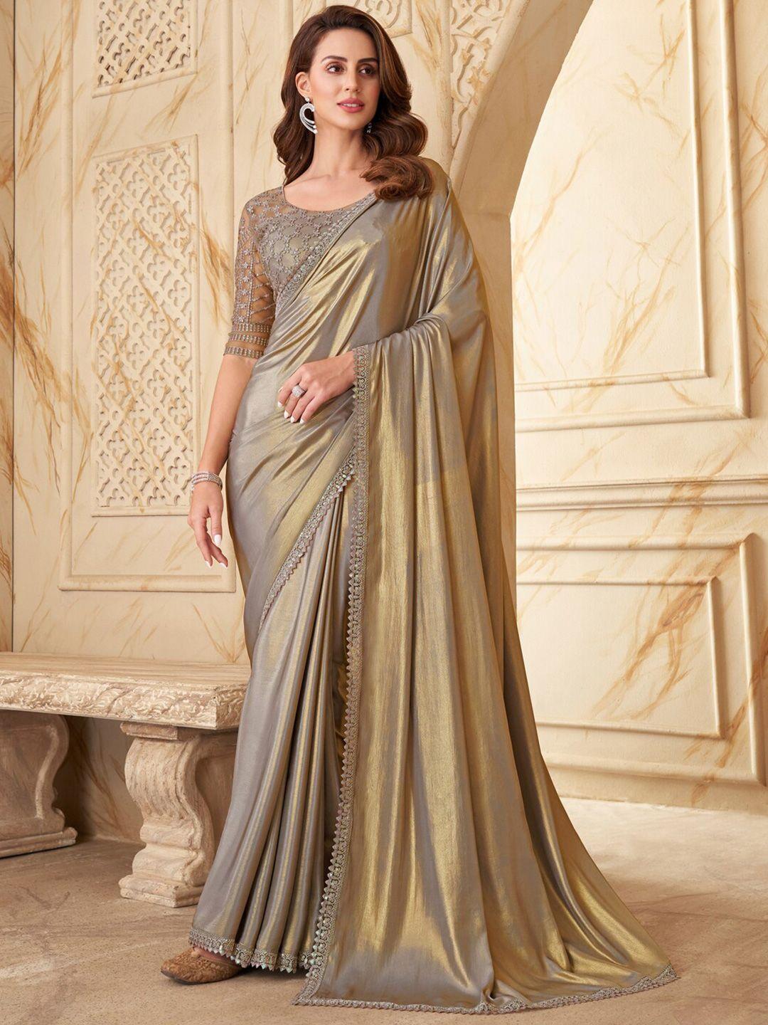 mitera grey & gold embroidered silk blend saree with blouse piece