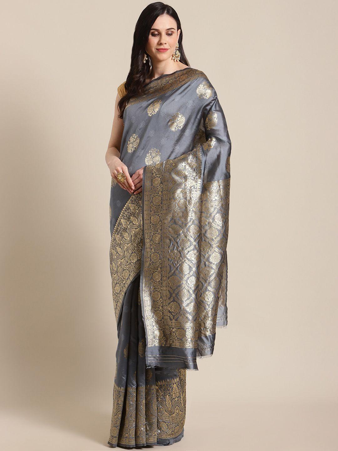 mitera grey & golden woven design banarasi saree