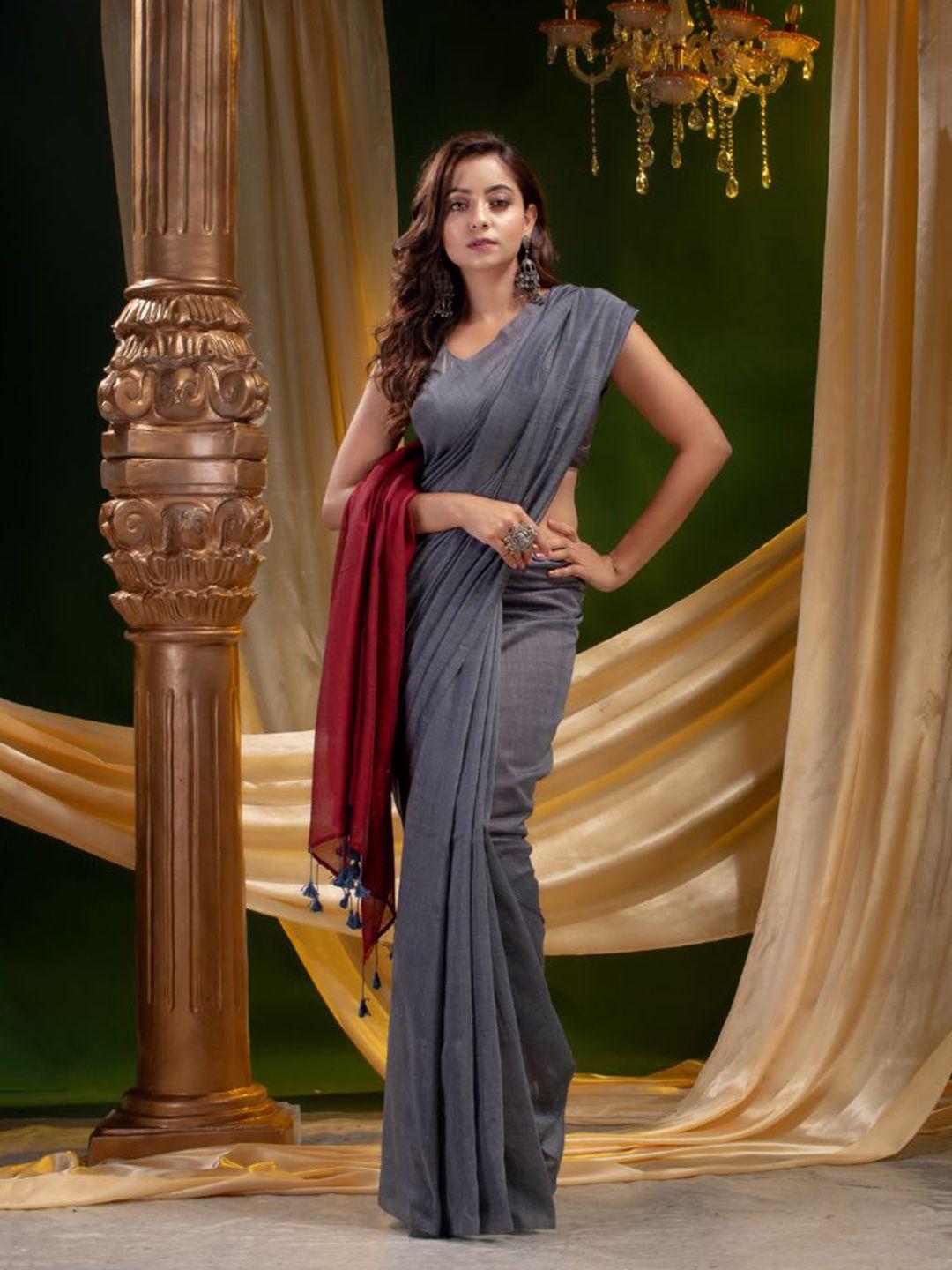 mitera grey & maroon colourblocked pure cotton saree