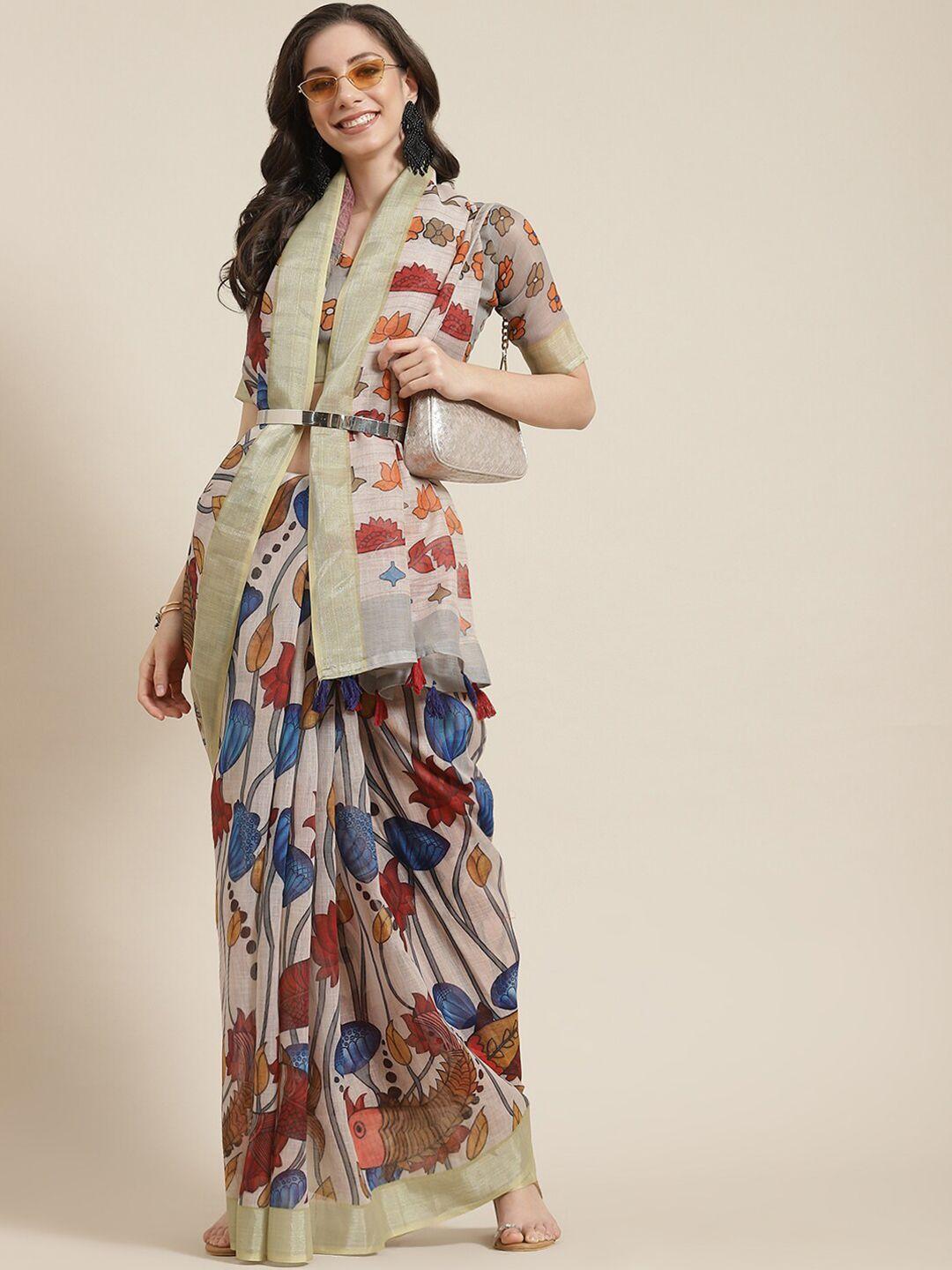 mitera kalamkari linen blend saree with blouse piece