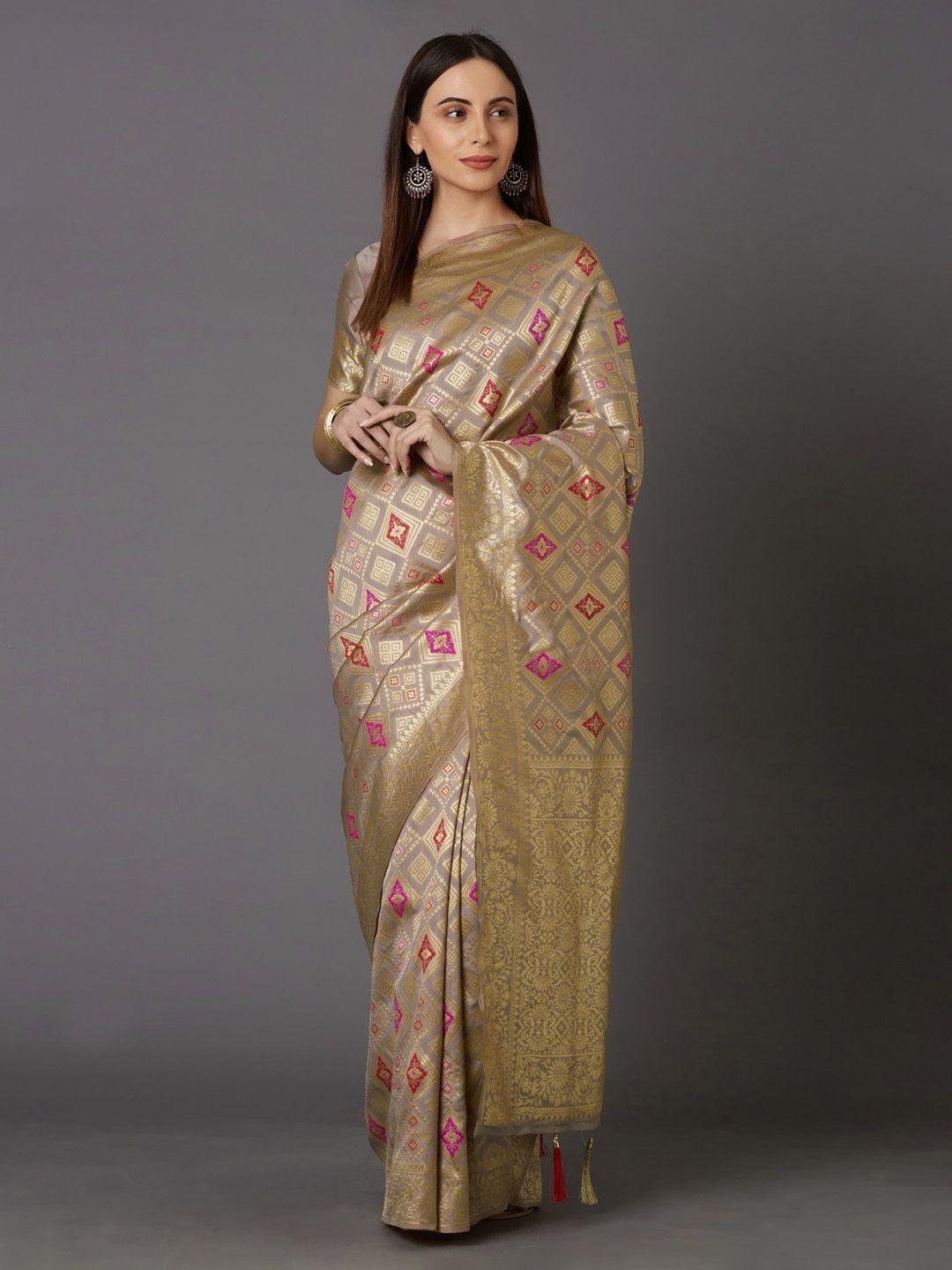 mitera khaki & gold-coloured silk blend woven design kanjeevaram saree