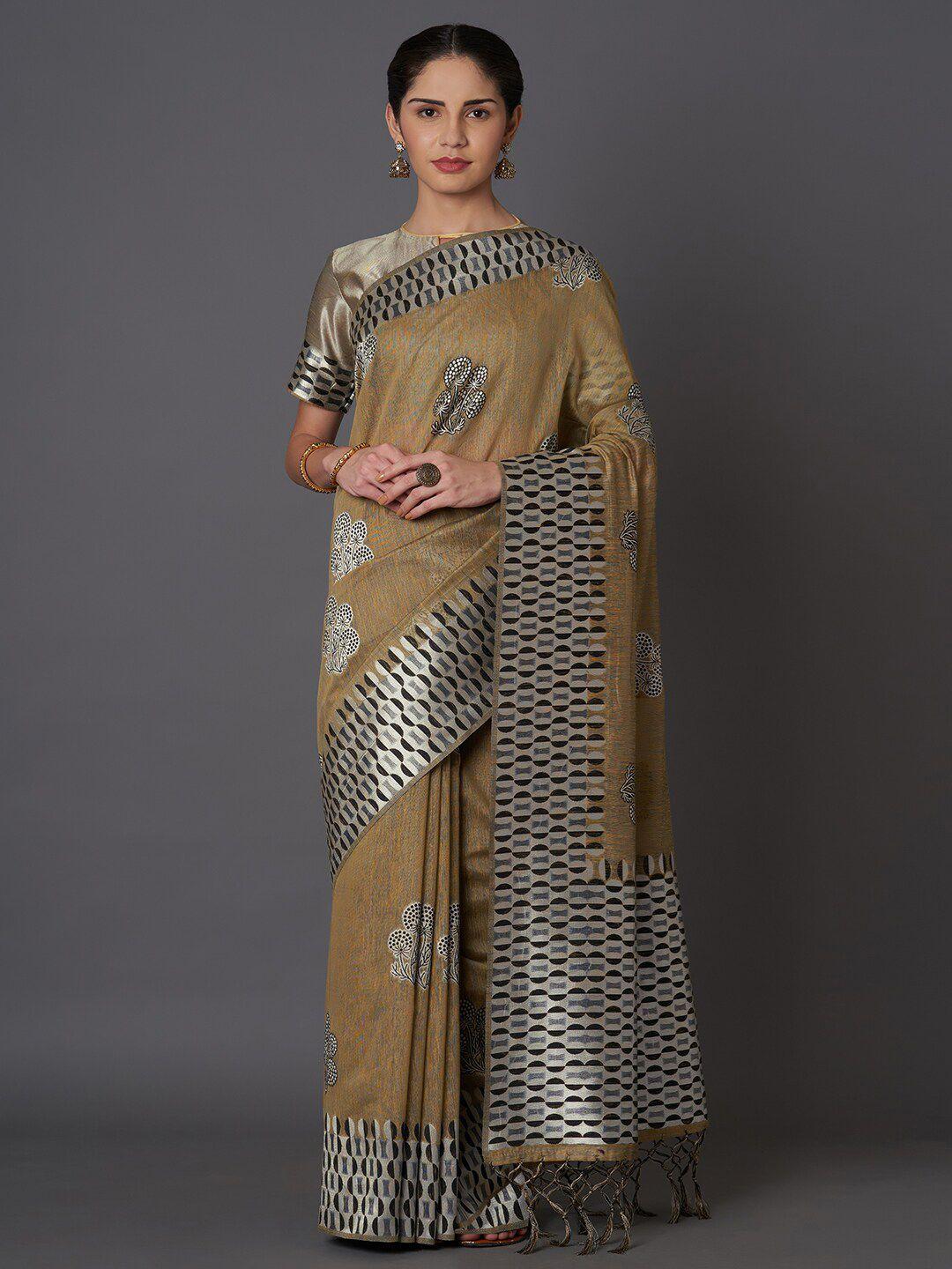 mitera khaki & silver-toned woven design zari silk blend kasavu saree
