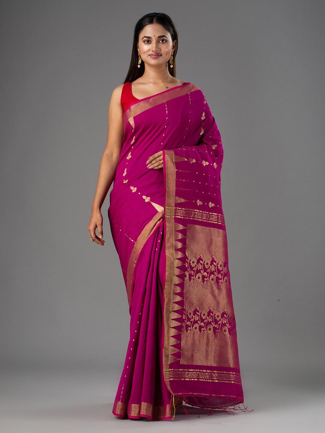 mitera magenta & gold-toned woven design silk cotton saree