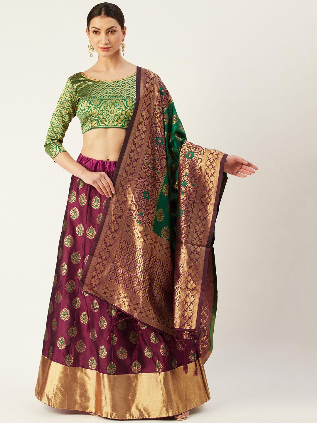 mitera magenta & green woven design semi-stitched lehenga & unstitched blouse with dupatta
