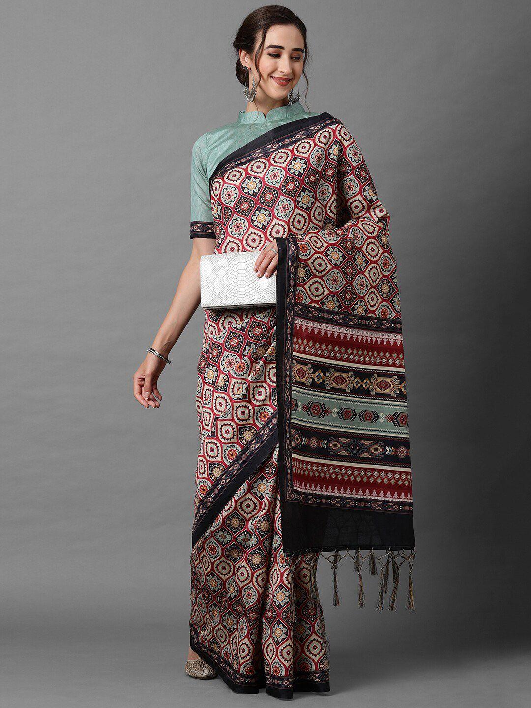 mitera maroon & beige ethnic motifs silk blend saree