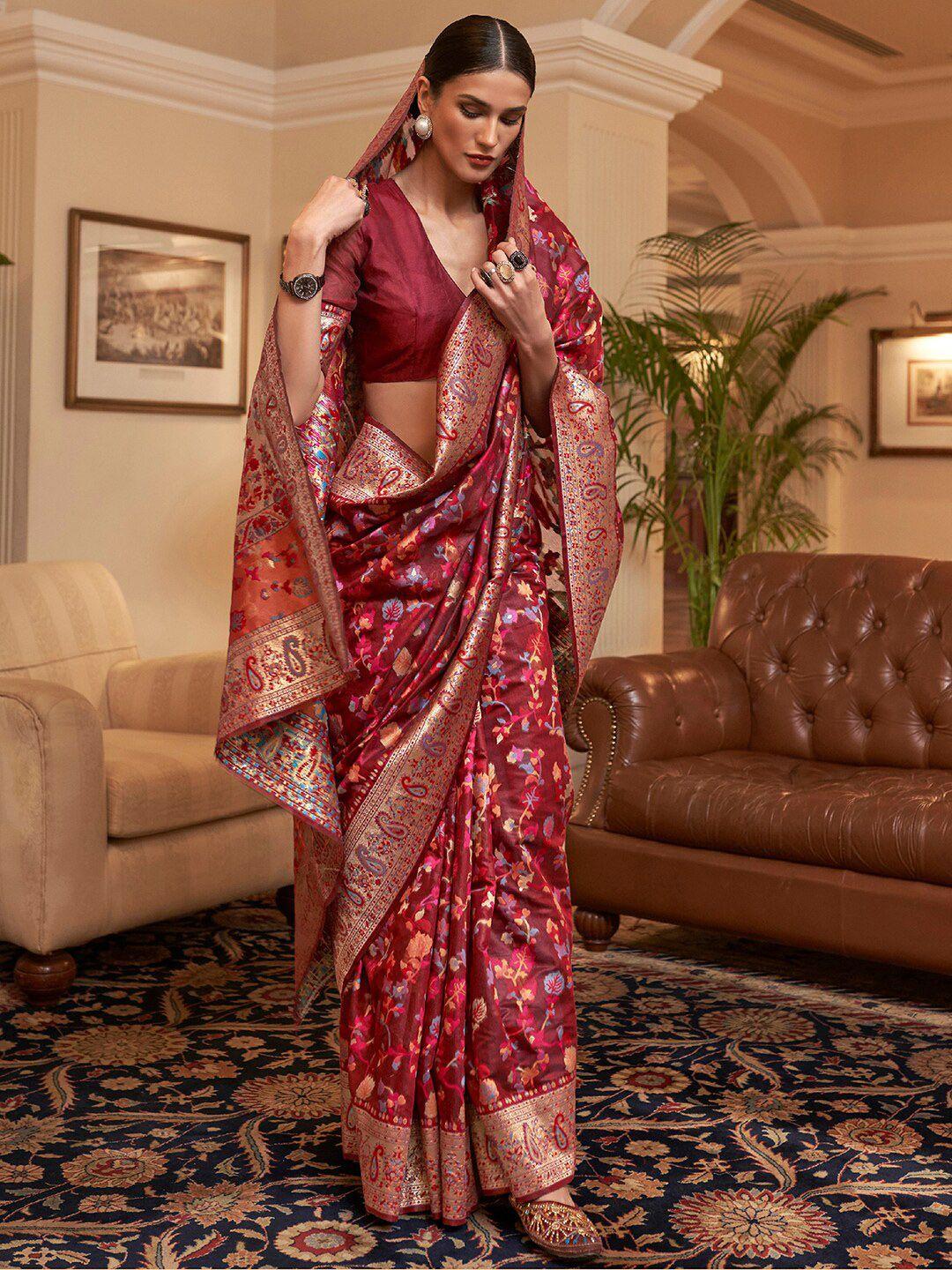 mitera maroon & gold-toned floral zari silk blend paithani saree
