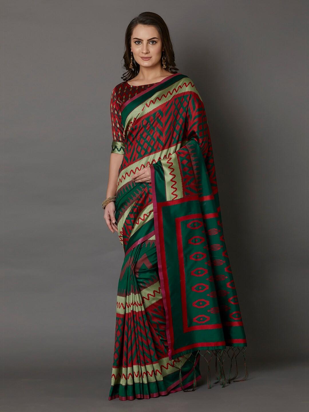 mitera maroon & green silk blend printed saree