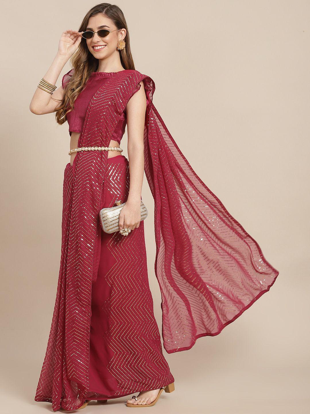 mitera maroon embellished sequinned pure georgette heavy work saree