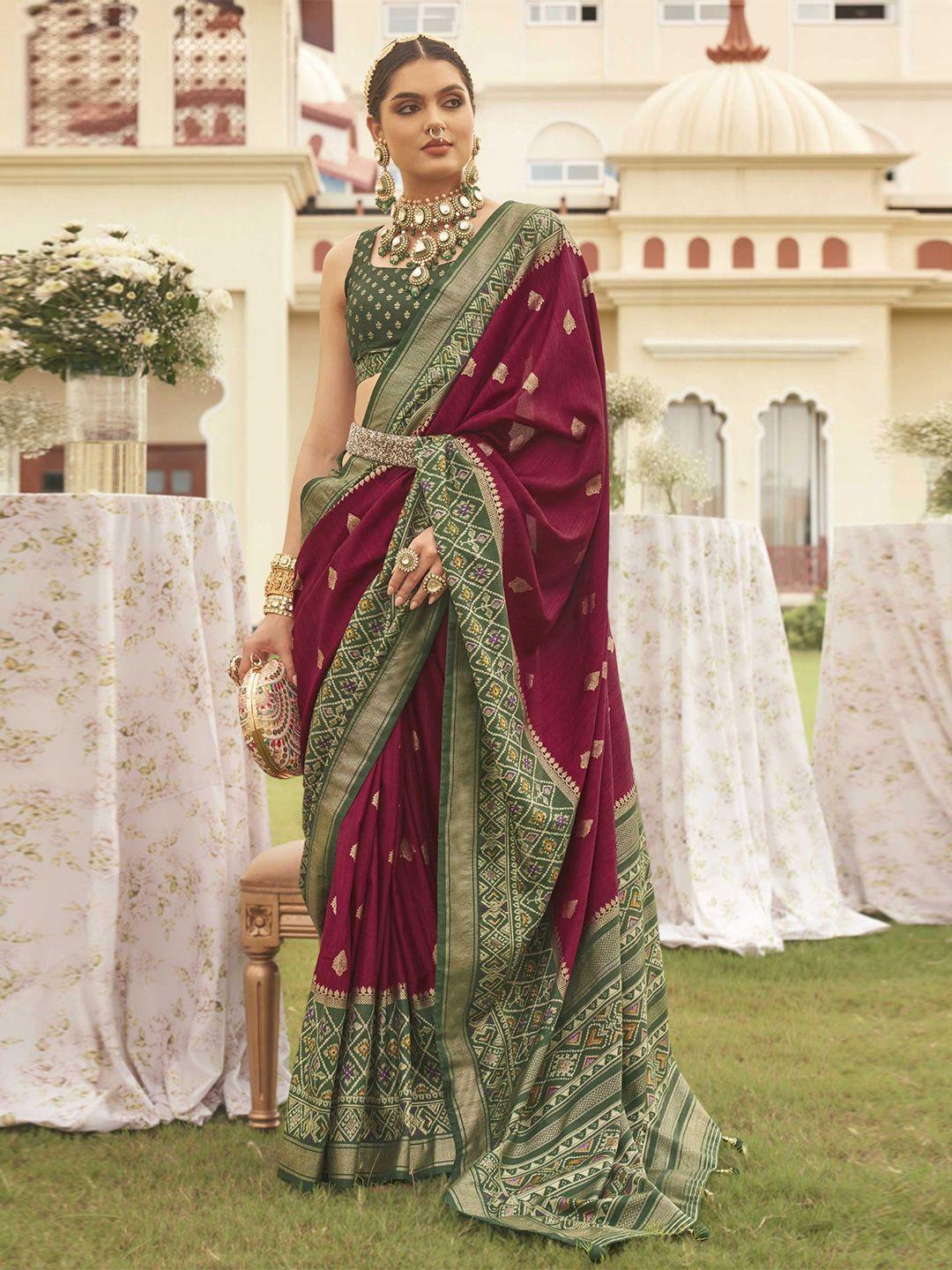 mitera maroon embellished silk blend designer patola saree