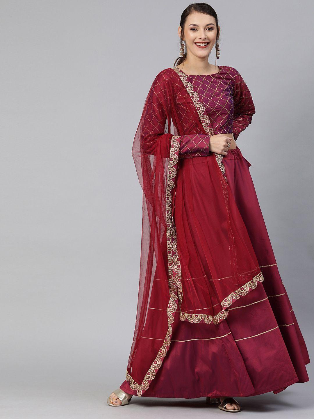 mitera maroon embroidered semi-stitched lehenga & unstitched blouse with dupatta