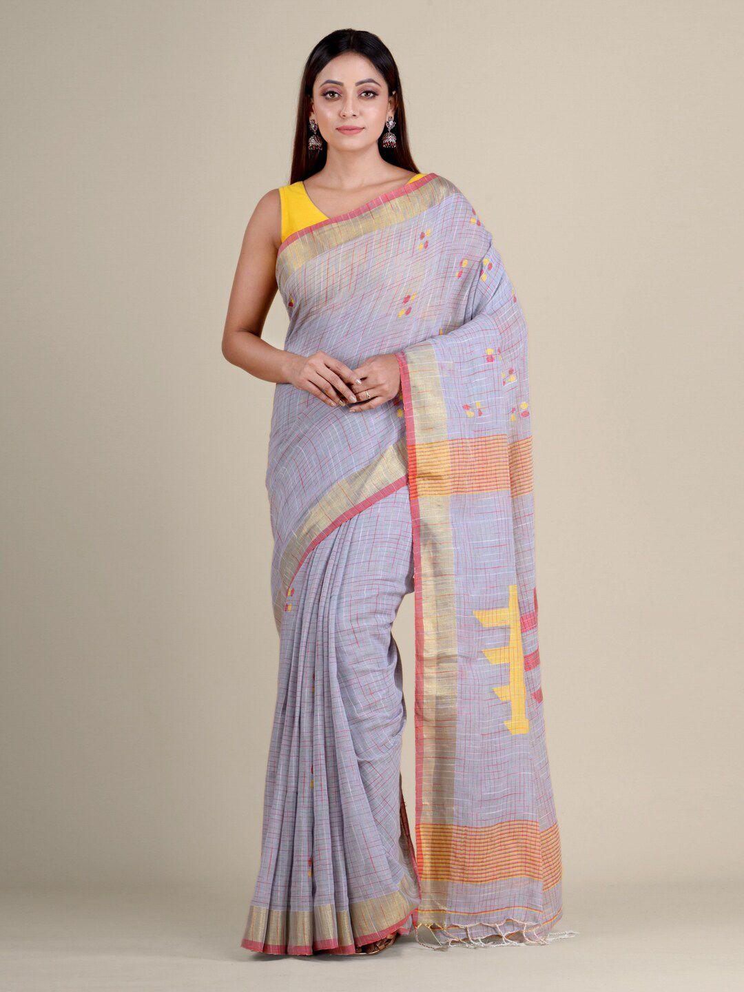 mitera mauve & yellow woven design zari pure cotton saree